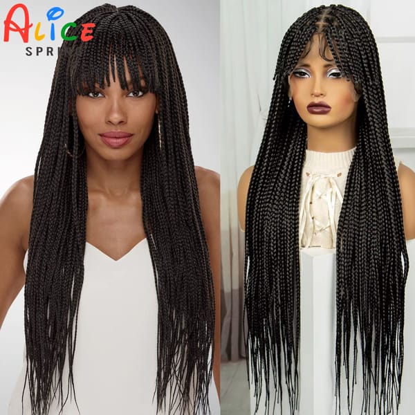 34Inch Braided Wig with Bangs Synthetic Full Lace Knotless Box Braids Wig with Baby Hair Lace Frontal Braided Lace Wig for Women
