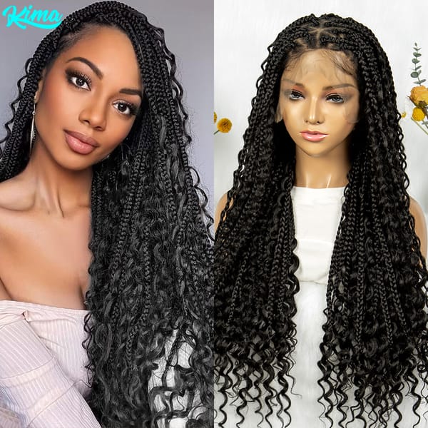Kima Boho Braided Wig Bohemian Box Braids Wig Synthetic Full Lace Wigs Triangle Goddess Braids Curly End with Baby Hair