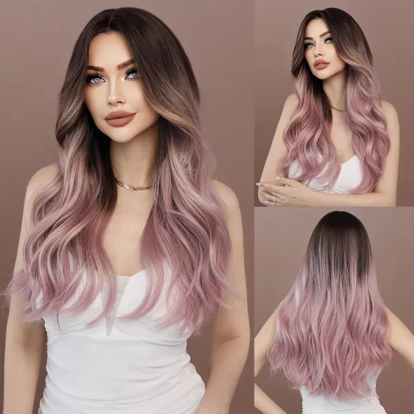 24“ Long Omber  mix Pink Brown Gradient Color Wavy Women’s Hair Wig with Bangs for Halloween Christmas Wigs