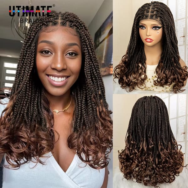 Franch Braided Wigs Curly Ends Full Lace Braids Wig for Black Women Brown Box Braiding Hair Wigs