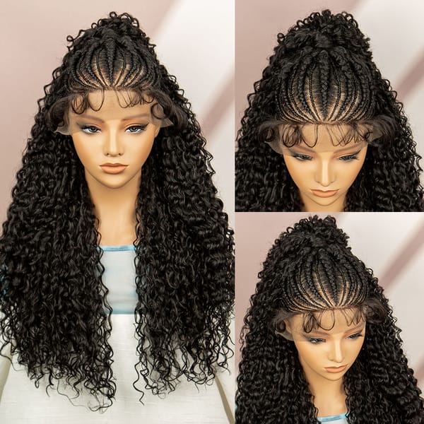 Afro Curly Braided Wigs Kinky Curly Cornrow Braided Wigs Lace Front Braiding Hair Wig with Baby Hair Natural Color Ponytail