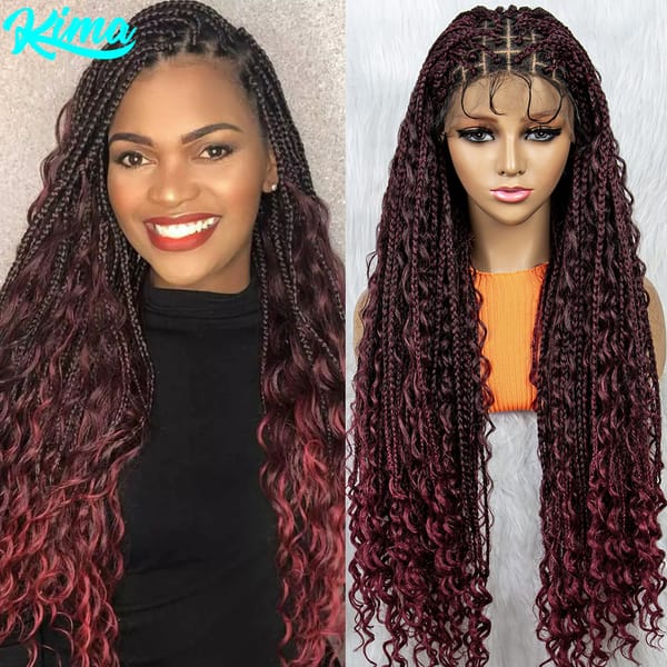 Burgundy Bohemian Box Braids Wigs Synthetic Lace Front Wig Braided Wigs Goddess Braids Hair Boho Braided Curly Hair